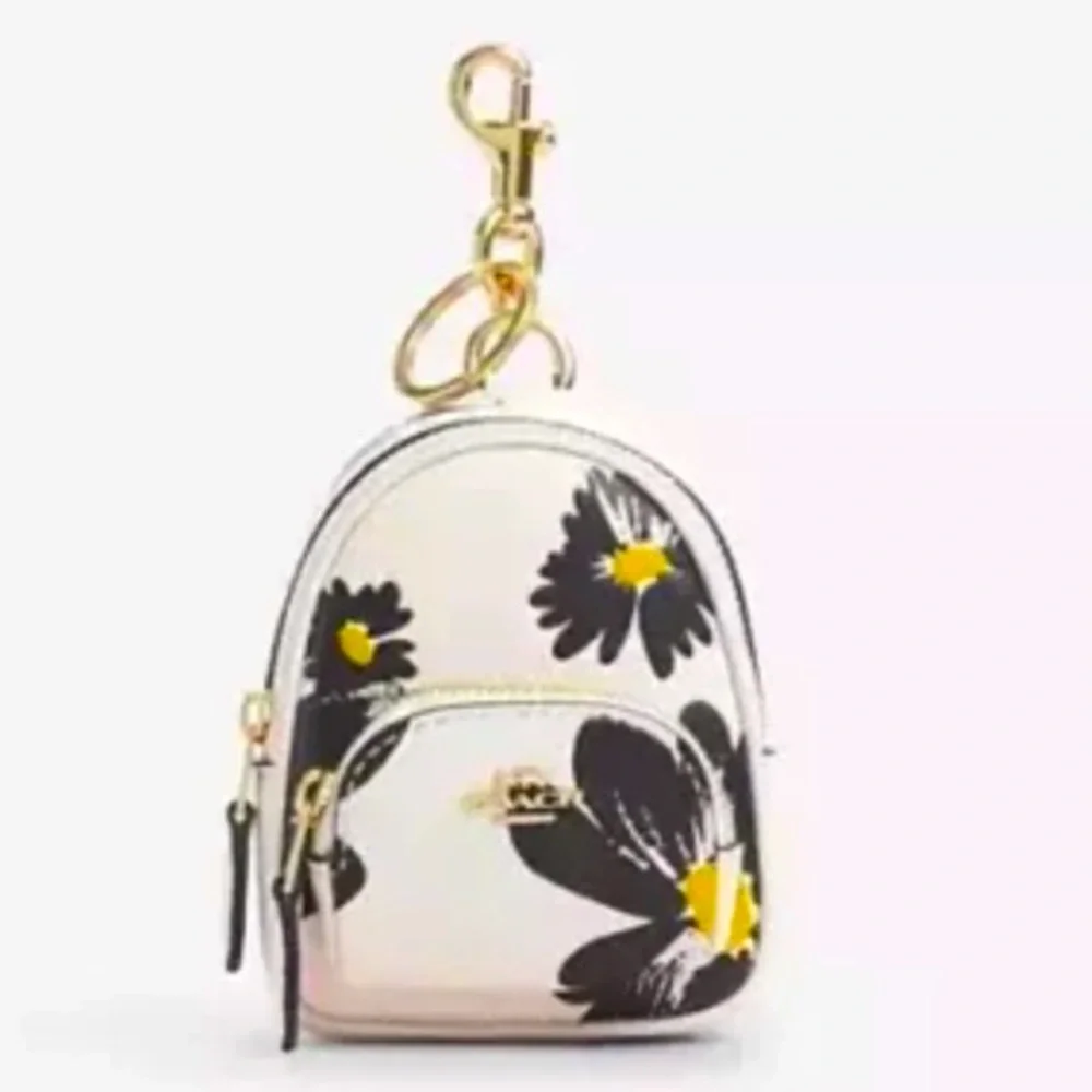NWT Coach Brown Mini Court Backpack Bag Charm withh Floral Print